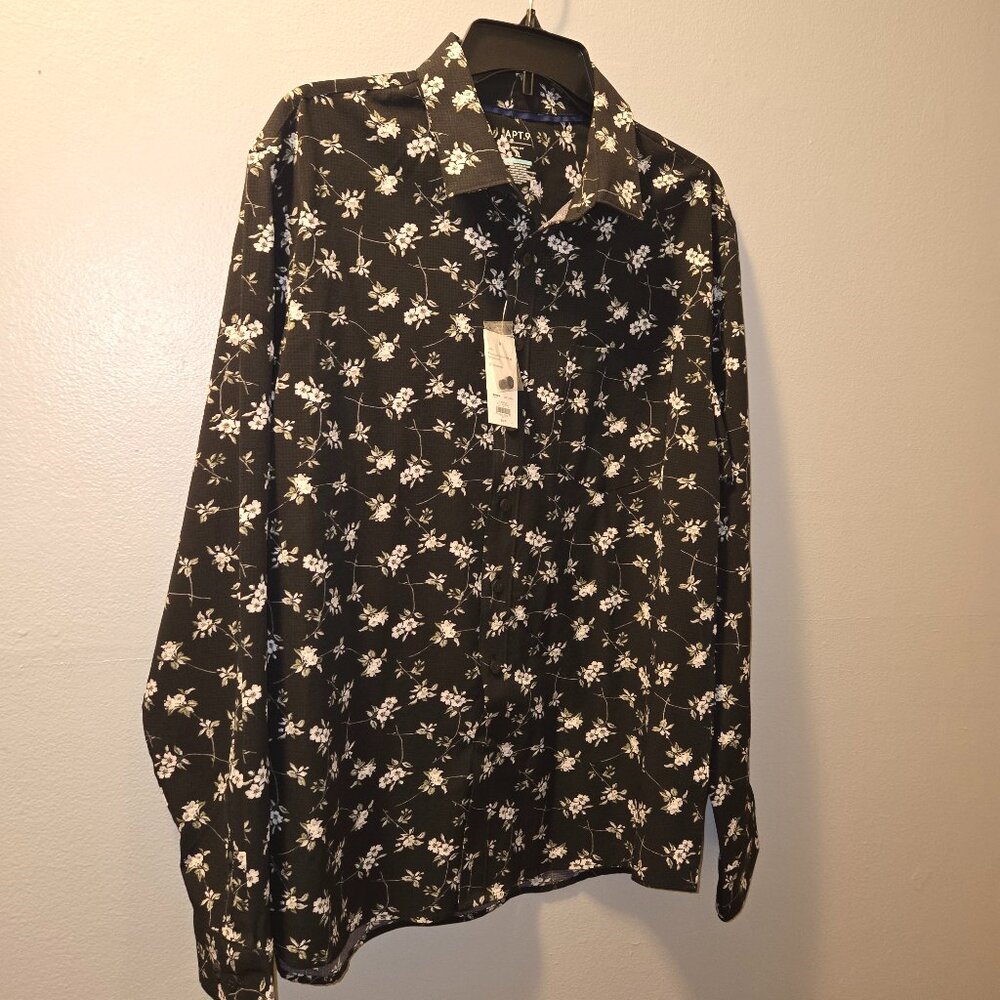 Apt. 9 Mens Slim Fit Black Floral Performance Shirt NWT